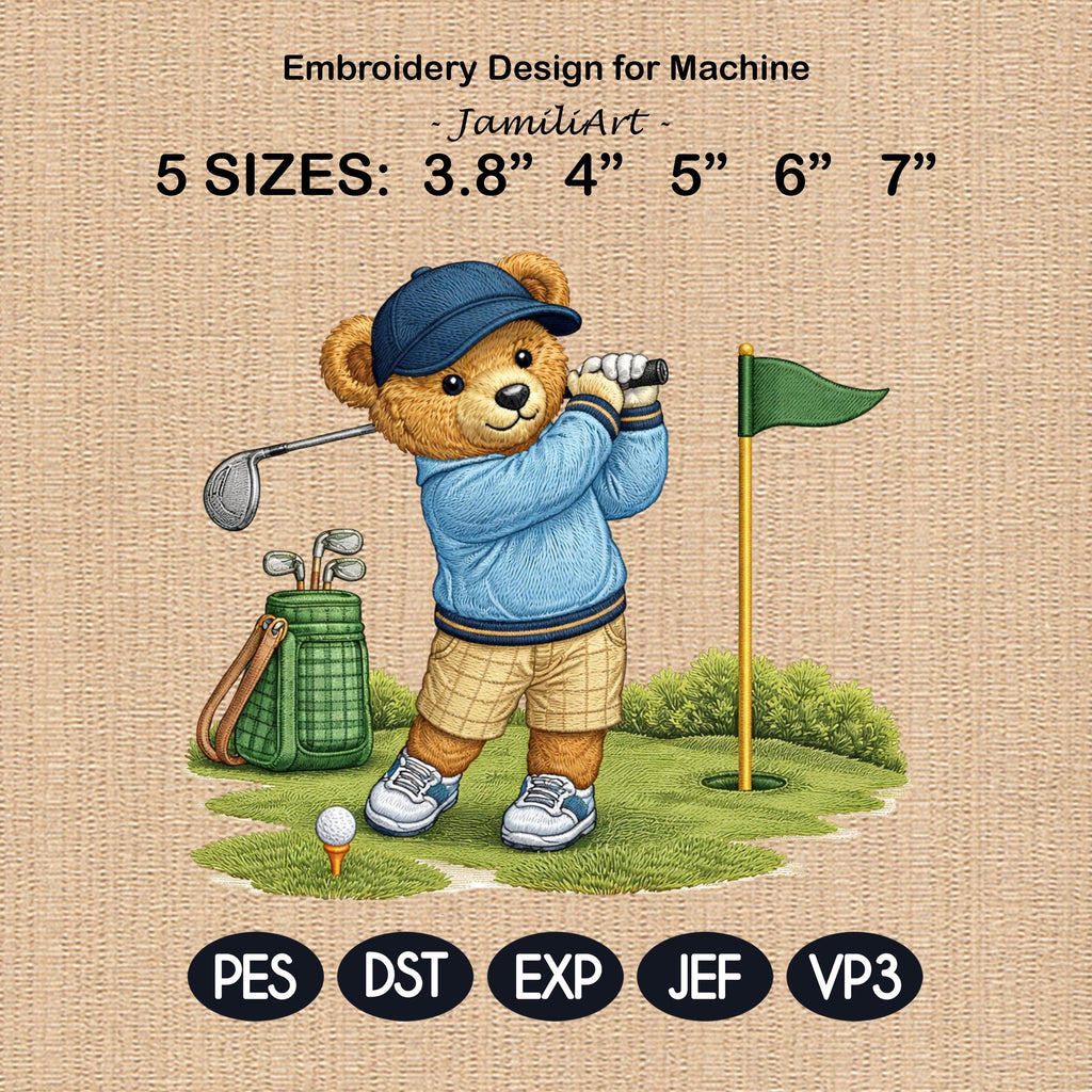 Teddy Bear Golf Embroidery Design, Cute Golfer Bear Machine Embroidery, Sports Embroidery Pattern, Golf Lover Gift,5 sizes, Digital Download