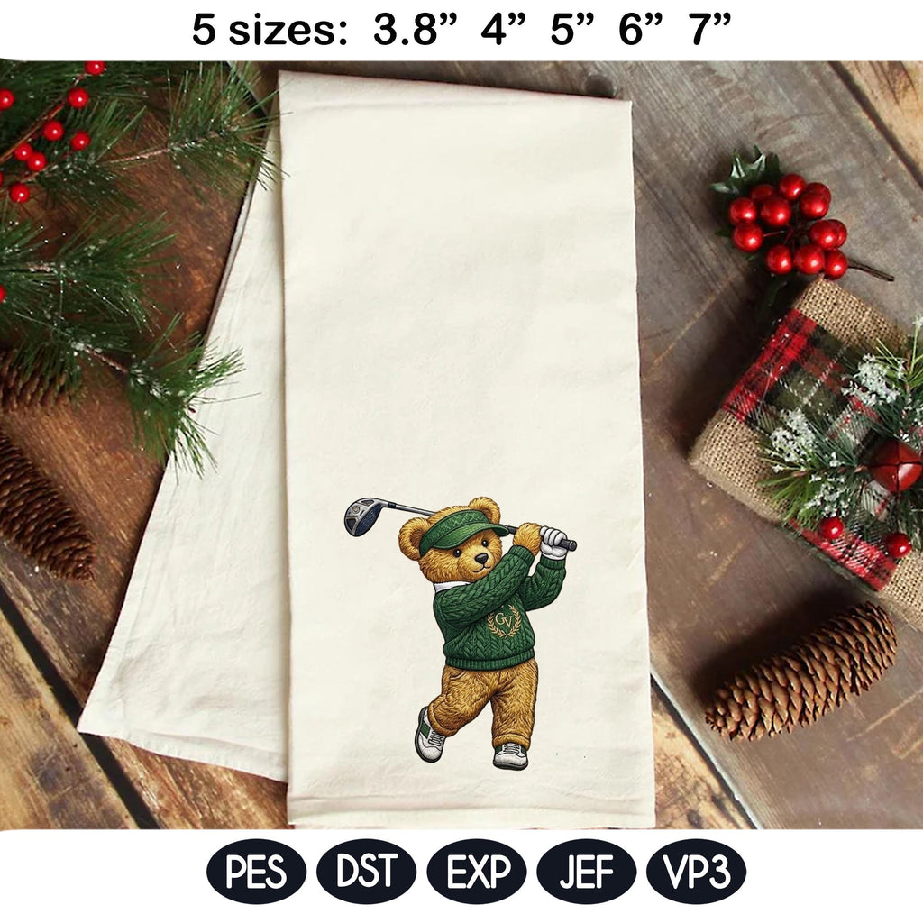 Preppy Golf Teddy Bear Embroidery Design, Country Club Bear, Old Money Style Golfer, Cute Golf Embroidery Pattern, 5 sizes, Digital Download - image 5