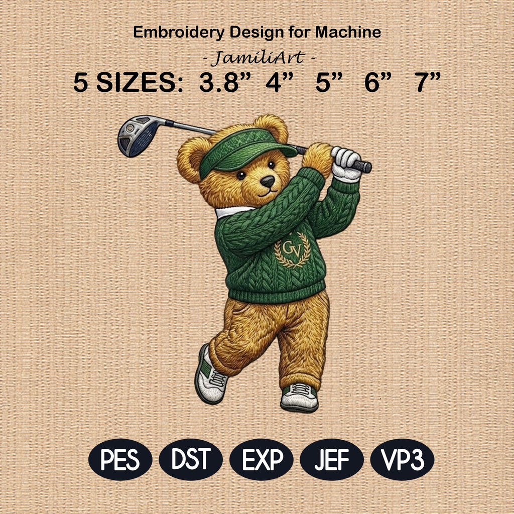 Preppy Golf Teddy Bear Embroidery Design, Country Club Bear, Old Money Style Golfer, Cute Golf Embroidery Pattern, 5 sizes, Digital Download