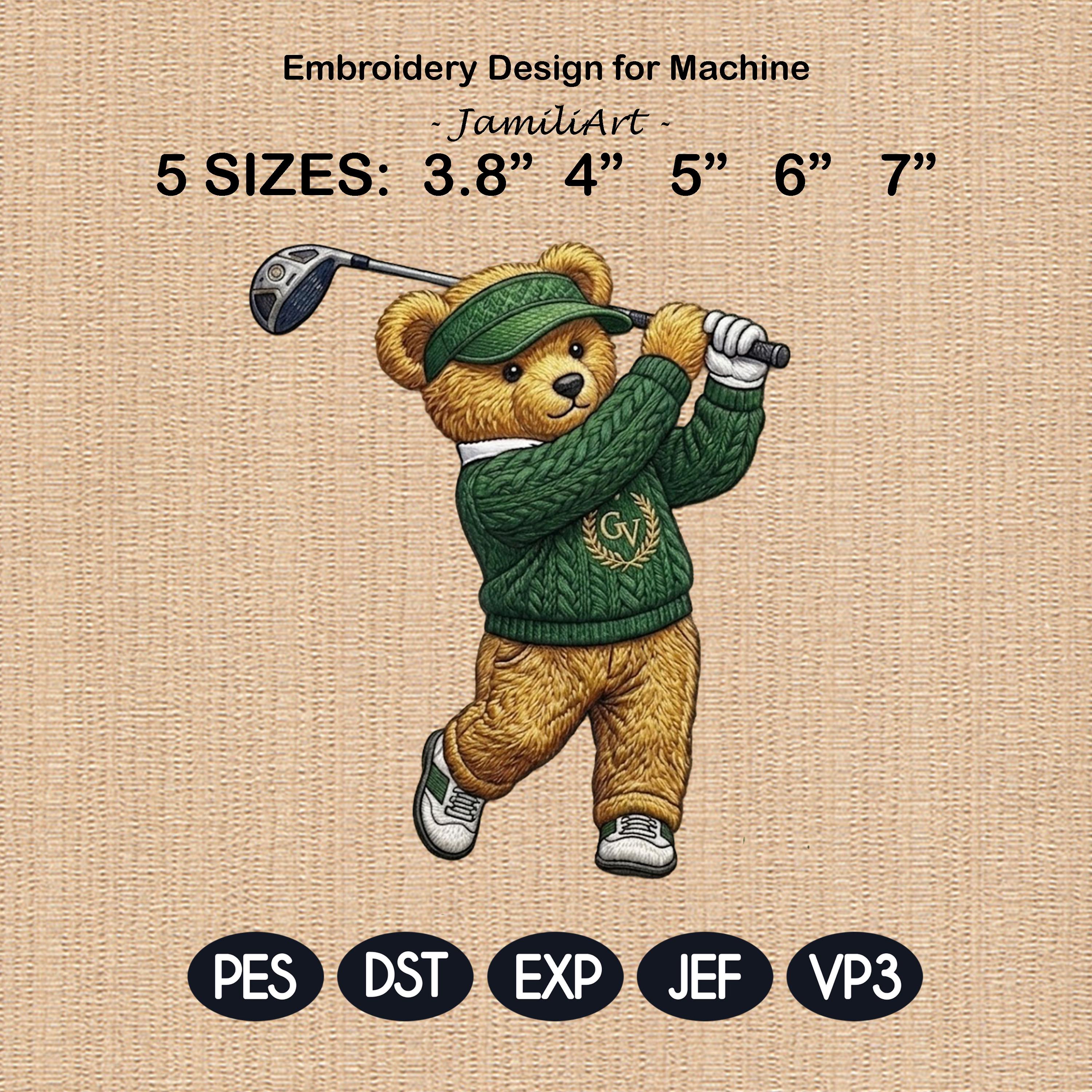 Preppy Golf Teddy Bear Embroidery Design, Country Club Bear, Old Money Style Golfer, Cute Golf Embroidery Pattern, 5 sizes, Digital Download