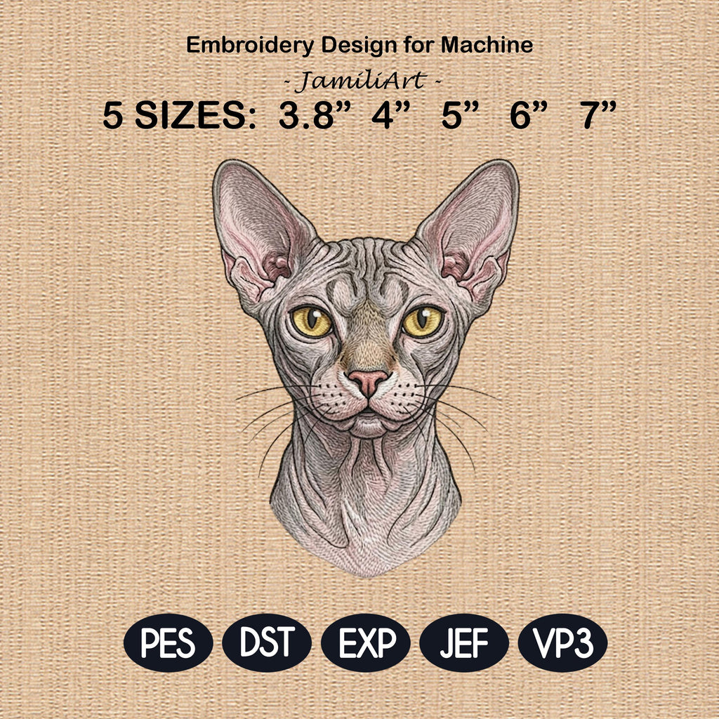 Sphynx Cat Embroidery Design, Realistic Cat Face Portrait, Cute Sphynx Kitten Embroidery File, Pet Lover Gift, 5 Sizes, Digital Download
