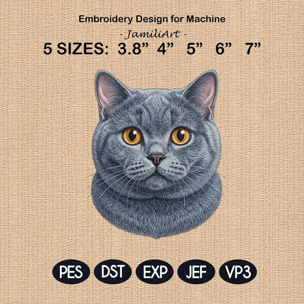 British Shorthair Cat Embroidery Design, Realistic Cat Face Portrait, Cute British Shorthair Kitten, Pet Lover Gift,5 Sizes,Digital Download