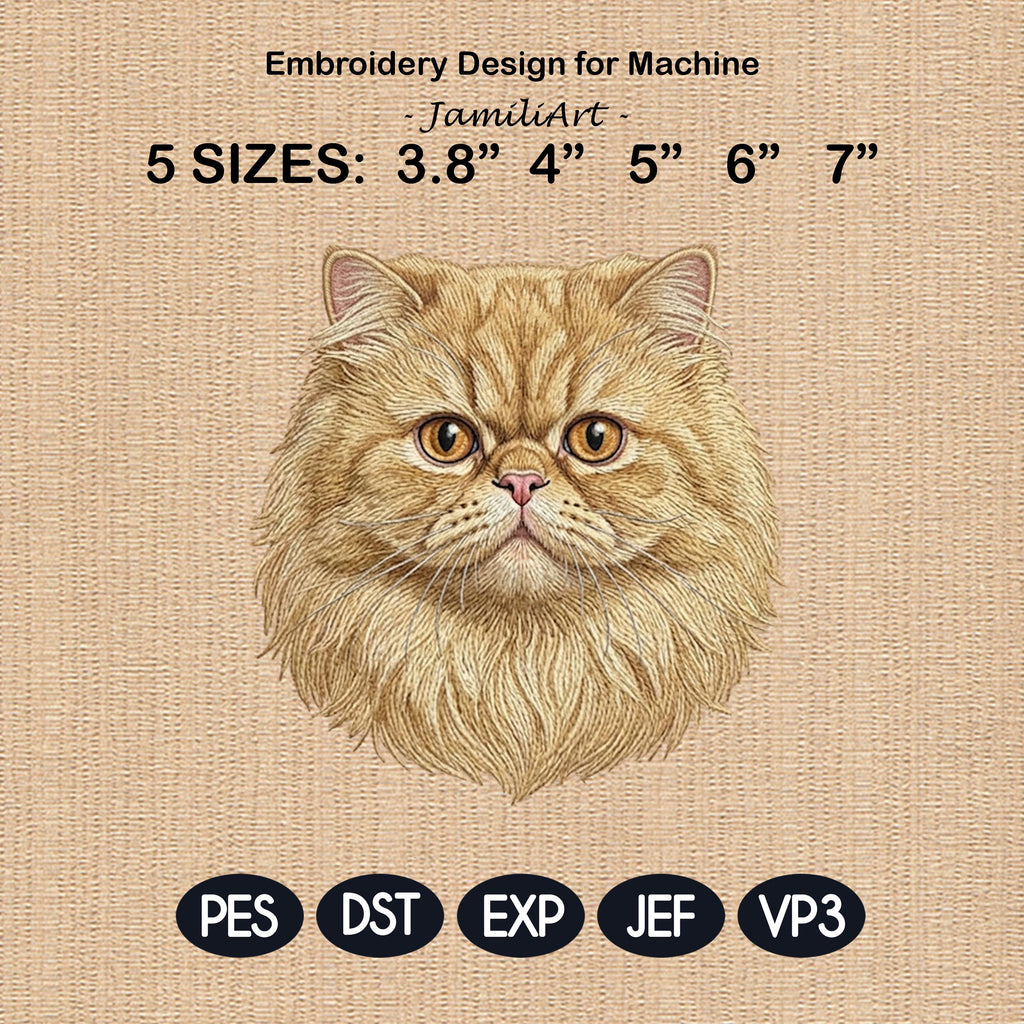 Persian Cat Embroidery Design, Realistic Cat Face Portrait, Cute Persian Kitten Embroidery File, Pet Lover Gift, 5 Sizes, Digital Download