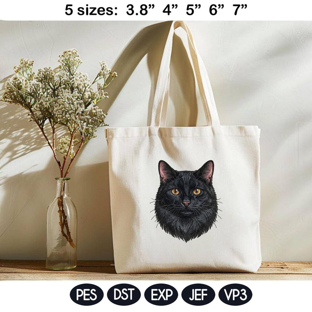 Black Cat Embroidery Design, Realistic Cat Face Portrait, Cute Black Kitten Machine Embroidery, Pet Lover Gift, 5 Sizes, Digital Download - image 4