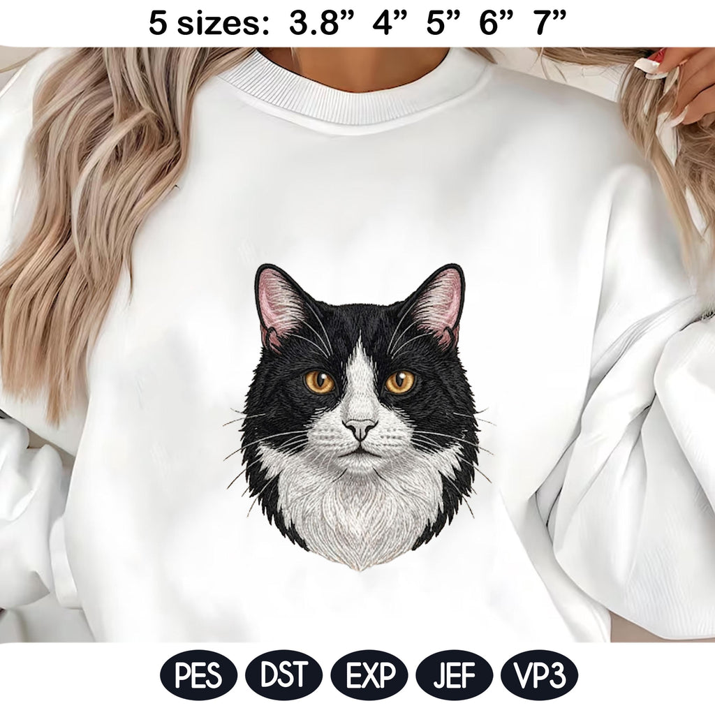 Tuxedo Cat Embroidery Design, Realistic Cat Face Portrait, Cute Tuxedo Kitten Machine Embroidery, Pet Lover Gift, 5 Sizes, Digital Download - image 3