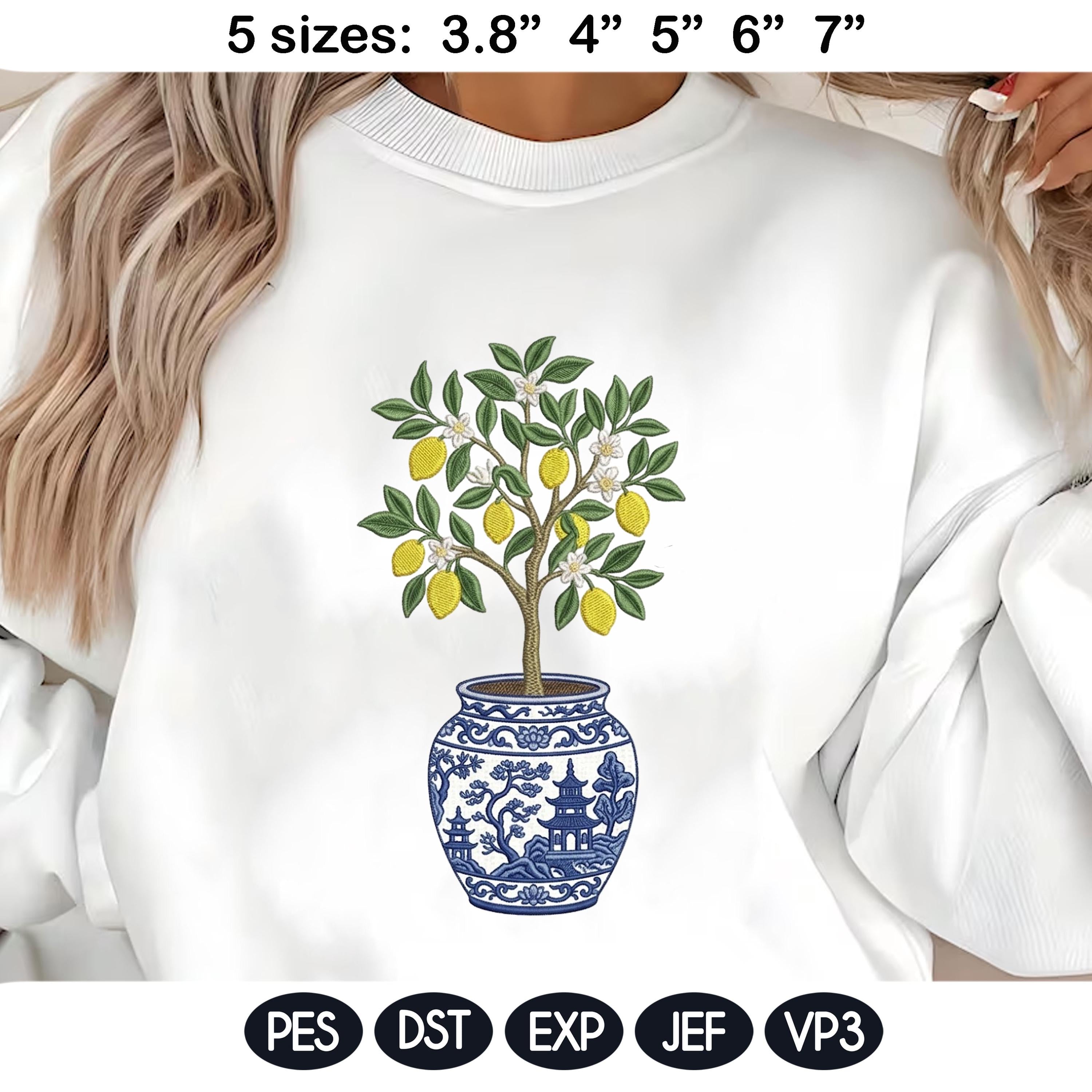 Lemon Tree Embroidery Design, Chinoiserie Blue White Vase, Citrus Floral Topiary, Mediterranean Decor, Machine Embroidery File - image 3