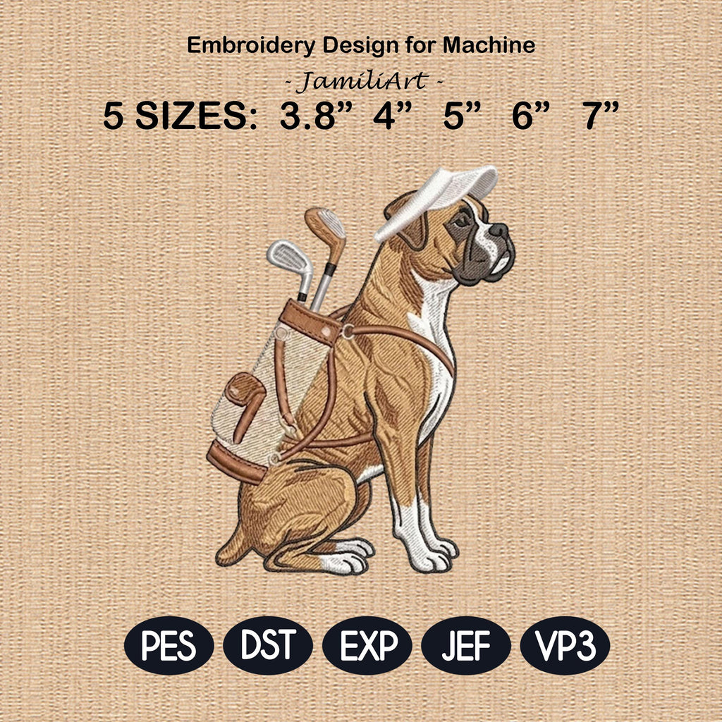Funny Boxer Golf Embroidery Design, Boxer Dog With Golf Clubs, Cute Pet Machine Embroidery File, Golfer Gift Idea, 5 sizes, Digital Download