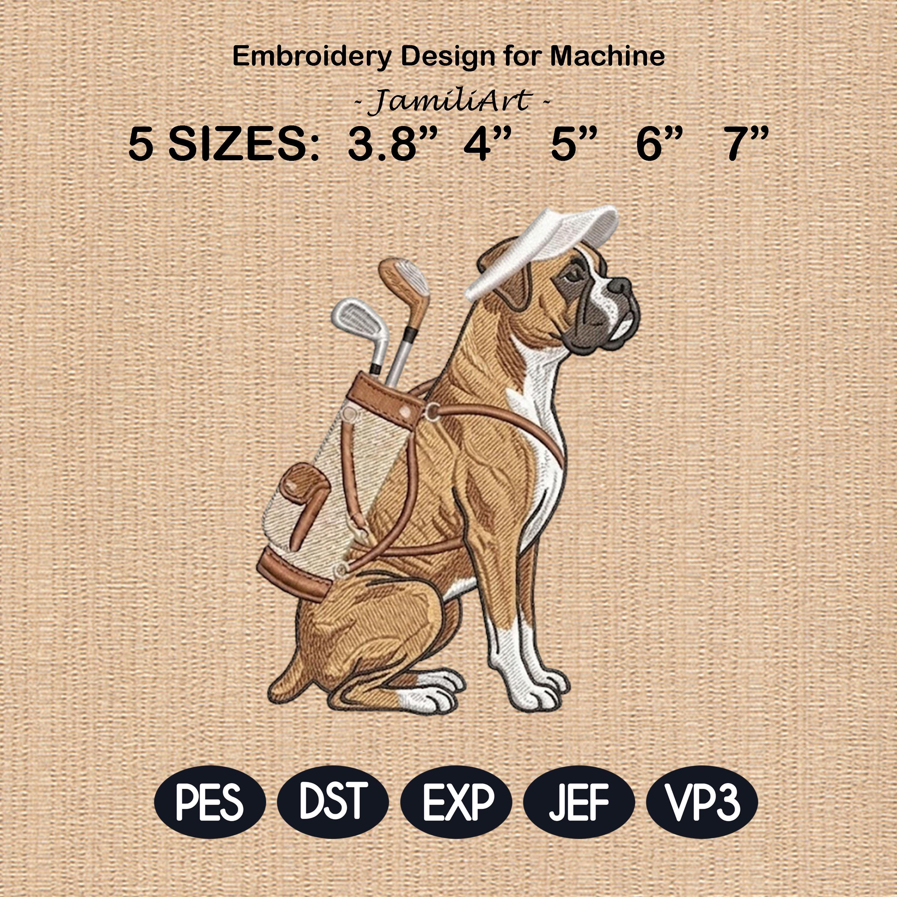 Funny Boxer Golf Embroidery Design, Boxer Dog With Golf Clubs, Cute Pet Machine Embroidery File, Golfer Gift Idea, 5 sizes, Digital Download