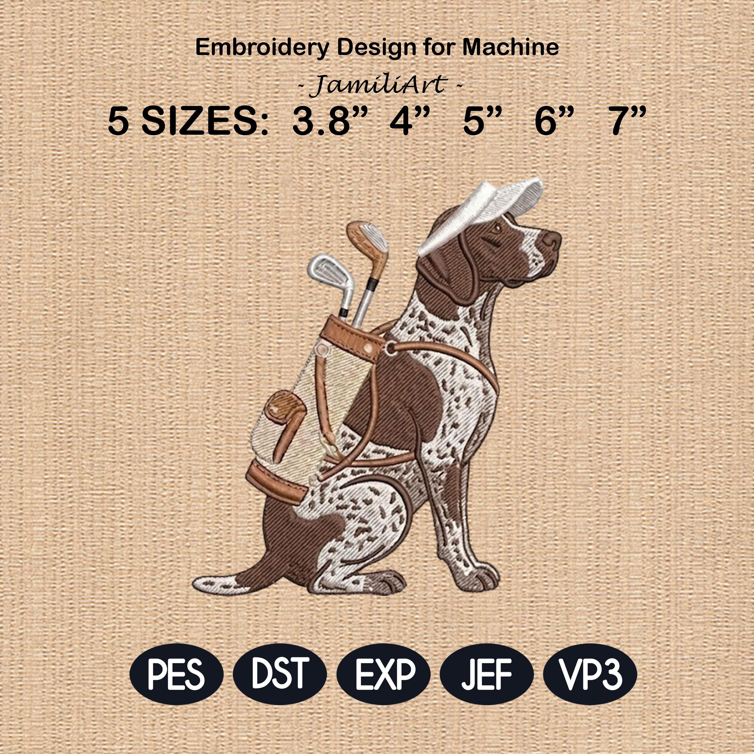 Pointer Dog Golf Embroidery Design, German Shorthaired Pointer Embroidery File, Cute Hunting Dog Golfer, 5 sizes, Digital Download