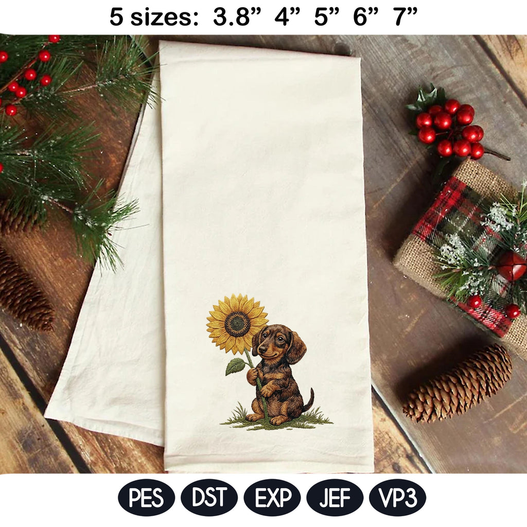 Cute Dachshund Puppy Sunflower Embroidery Design, Floral Dog Machine Embroidery File, Doxie Pet Portrait Gift, 5 Sizes, Digital Download - image 5
