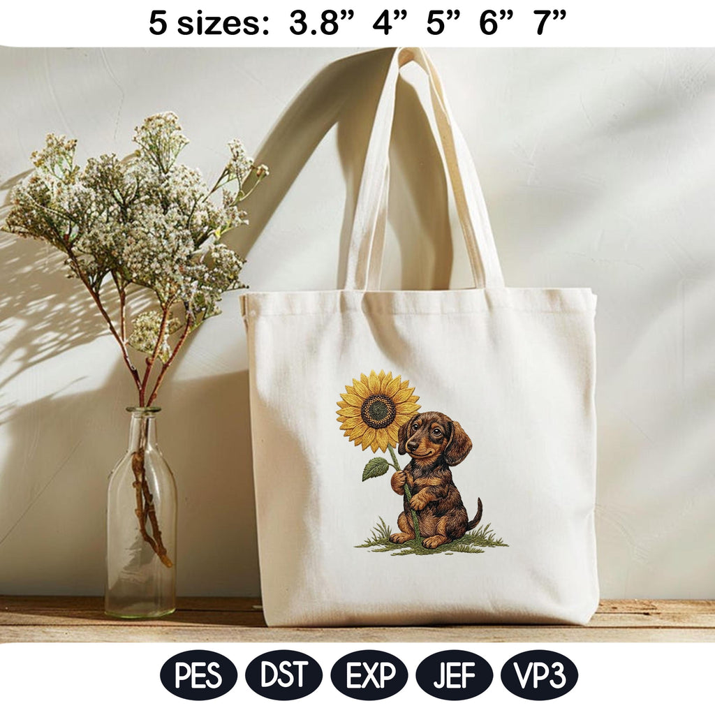 Cute Dachshund Puppy Sunflower Embroidery Design, Floral Dog Machine Embroidery File, Doxie Pet Portrait Gift, 5 Sizes, Digital Download - image 4