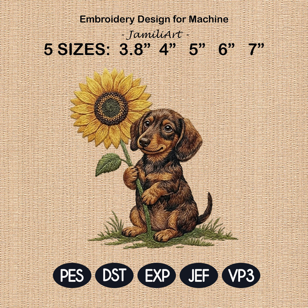 Cute Dachshund Puppy Sunflower Embroidery Design, Floral Dog Machine Embroidery File, Doxie Pet Portrait Gift, 5 Sizes, Digital Download