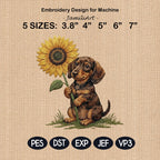 Cute Dachshund Puppy Sunflower Embroidery Design, Floral Dog Machine Embroidery File, Doxie Pet Portrait Gift, 5 Sizes, Digital Download