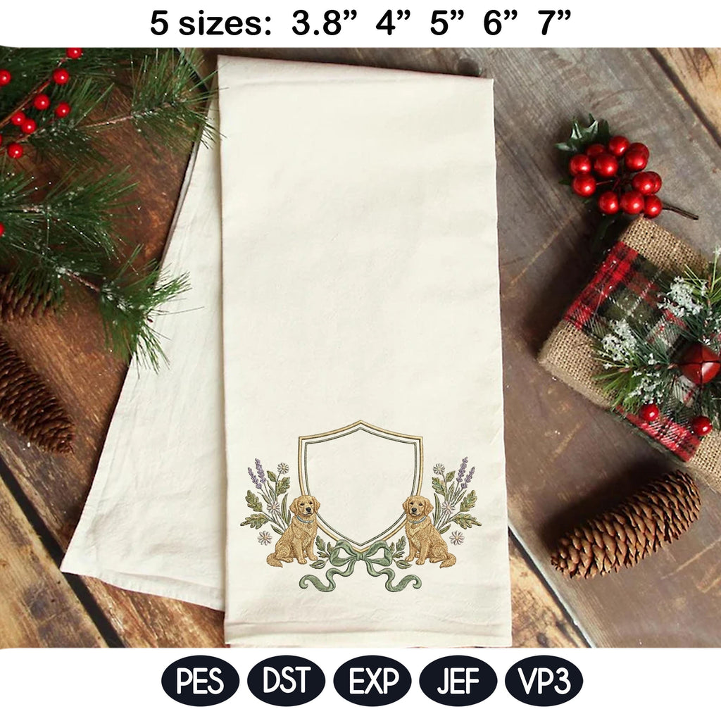 Golden Retriever Frame Embroidery Design, Dog Monogram Frame, Puppy Crest Frame, Floral Dog Frame, Baby Name Frame,5 sizes, Digital Download - image 4