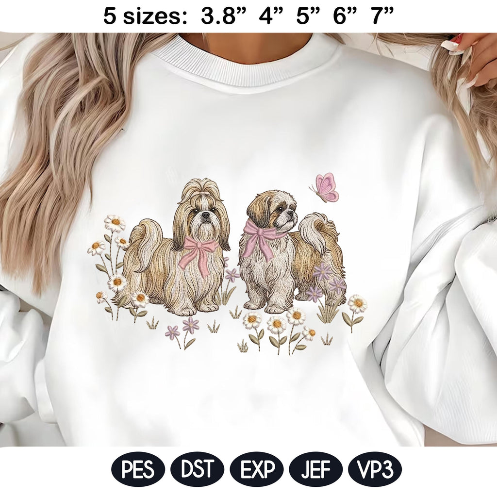 Shih Tzu Embroidery Design, Pair of Shih Tzu with Bows and Daisies, Cute Puppy Embroidery File, Floral Dog Design, Pet Lover Gift - image 3
