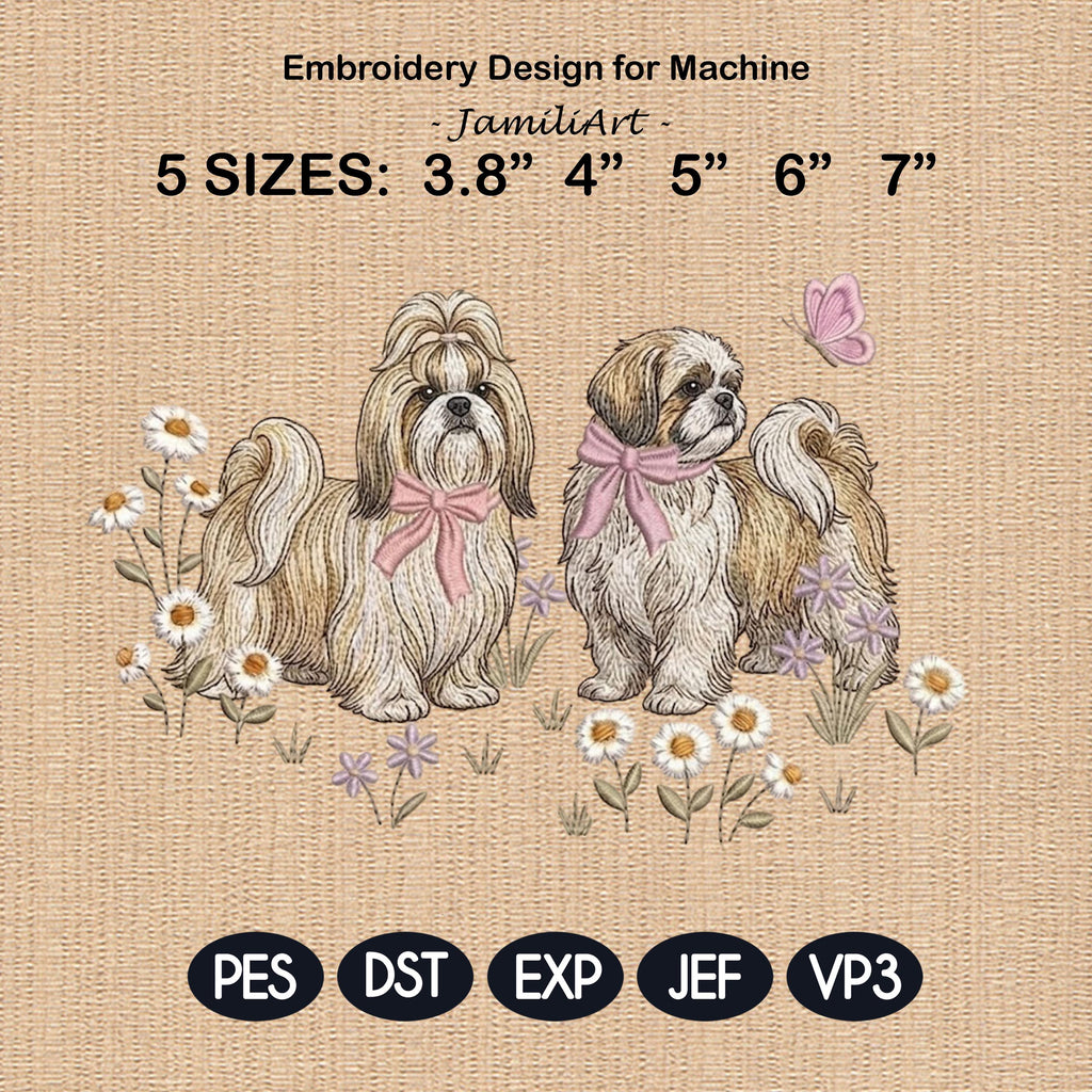 Shih Tzu Embroidery Design, Pair of Shih Tzu with Bows and Daisies, Cute Puppy Embroidery File, Floral Dog Design, Pet Lover Gift