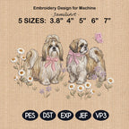 Shih Tzu Embroidery Design, Pair of Shih Tzu with Bows and Daisies, Cute Puppy Embroidery File, Floral Dog Design, Pet Lover Gift