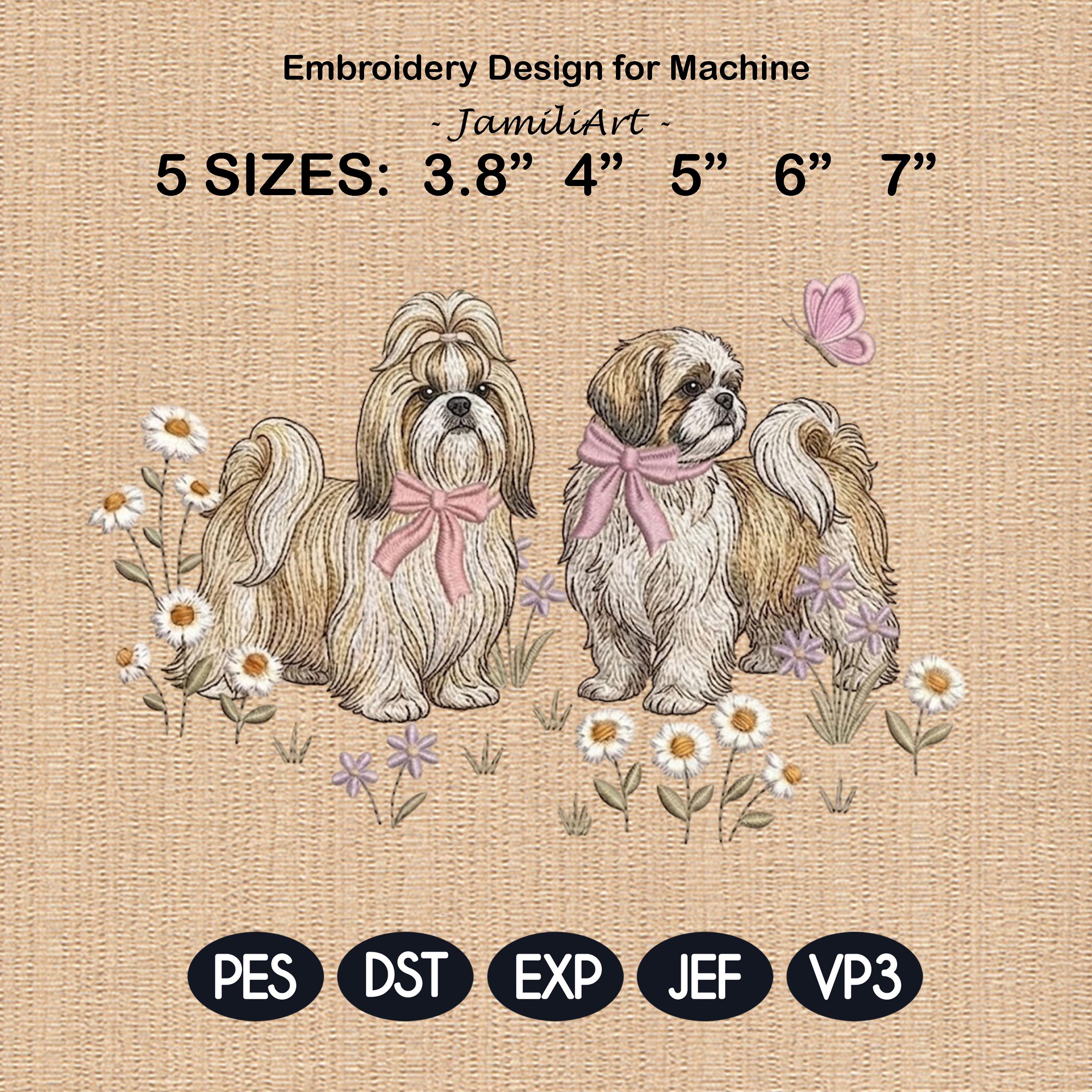 Shih Tzu Embroidery Design, Pair of Shih Tzu with Bows and Daisies, Cute Puppy Embroidery File, Floral Dog Design, Pet Lover Gift