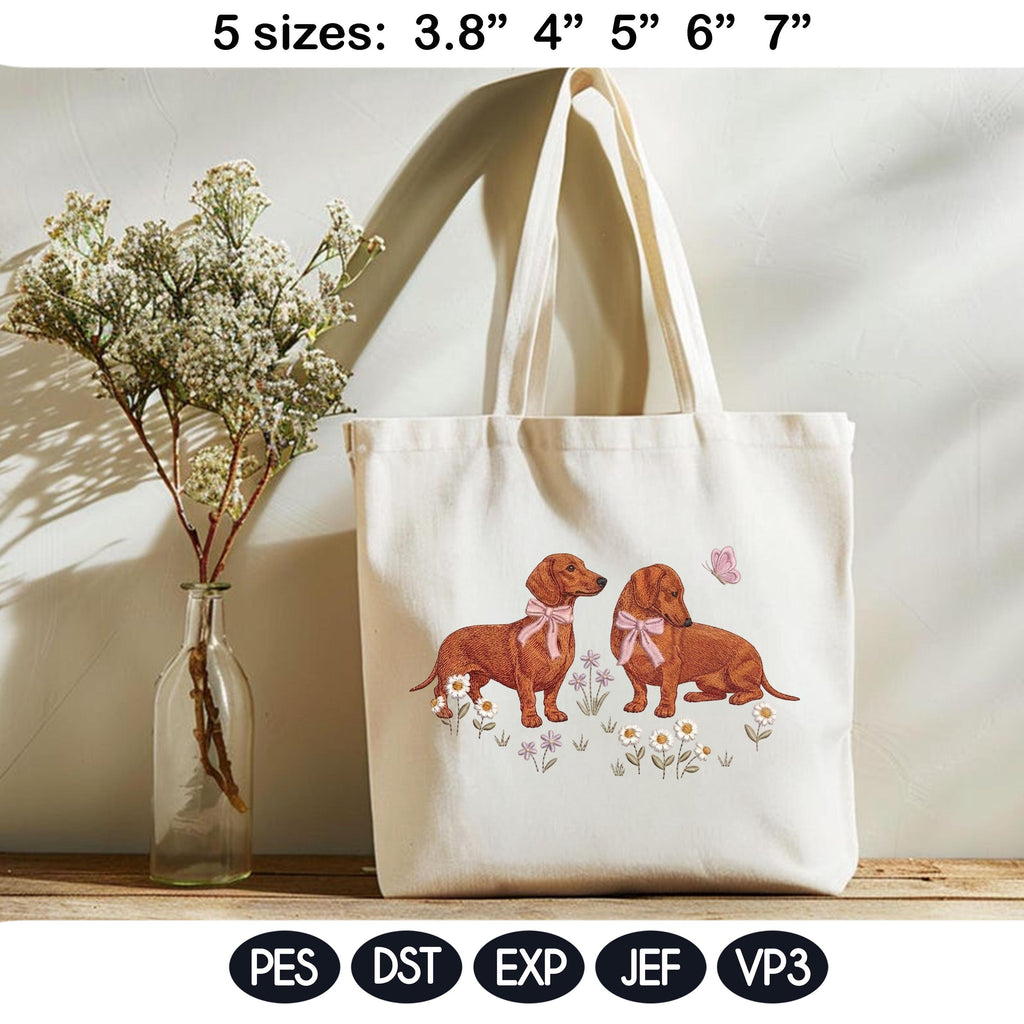 Dachshund Embroidery Design, Pair of Dachshunds with Bows and Daisies, Cute Puppy Embroidery File, Floral Dog Design, Pet Lover Gift - image 4