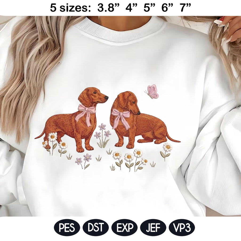 Dachshund Embroidery Design, Pair of Dachshunds with Bows and Daisies, Cute Puppy Embroidery File, Floral Dog Design, Pet Lover Gift - image 3