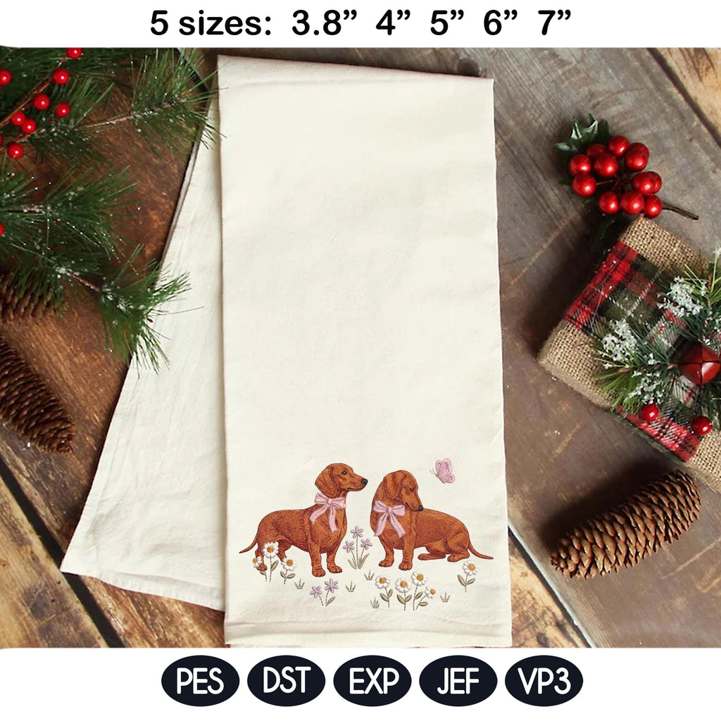 Dachshund Embroidery Design, Pair of Dachshunds with Bows and Daisies, Cute Puppy Embroidery File, Floral Dog Design, Pet Lover Gift - image 5