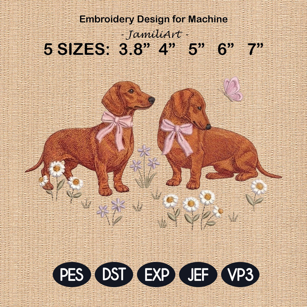 Dachshund Embroidery Design, Pair of Dachshunds with Bows and Daisies, Cute Puppy Embroidery File, Floral Dog Design, Pet Lover Gift