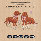 Dachshund Embroidery Design, Pair of Dachshunds with Bows and Daisies, Cute Puppy Embroidery File, Floral Dog Design, Pet Lover Gift