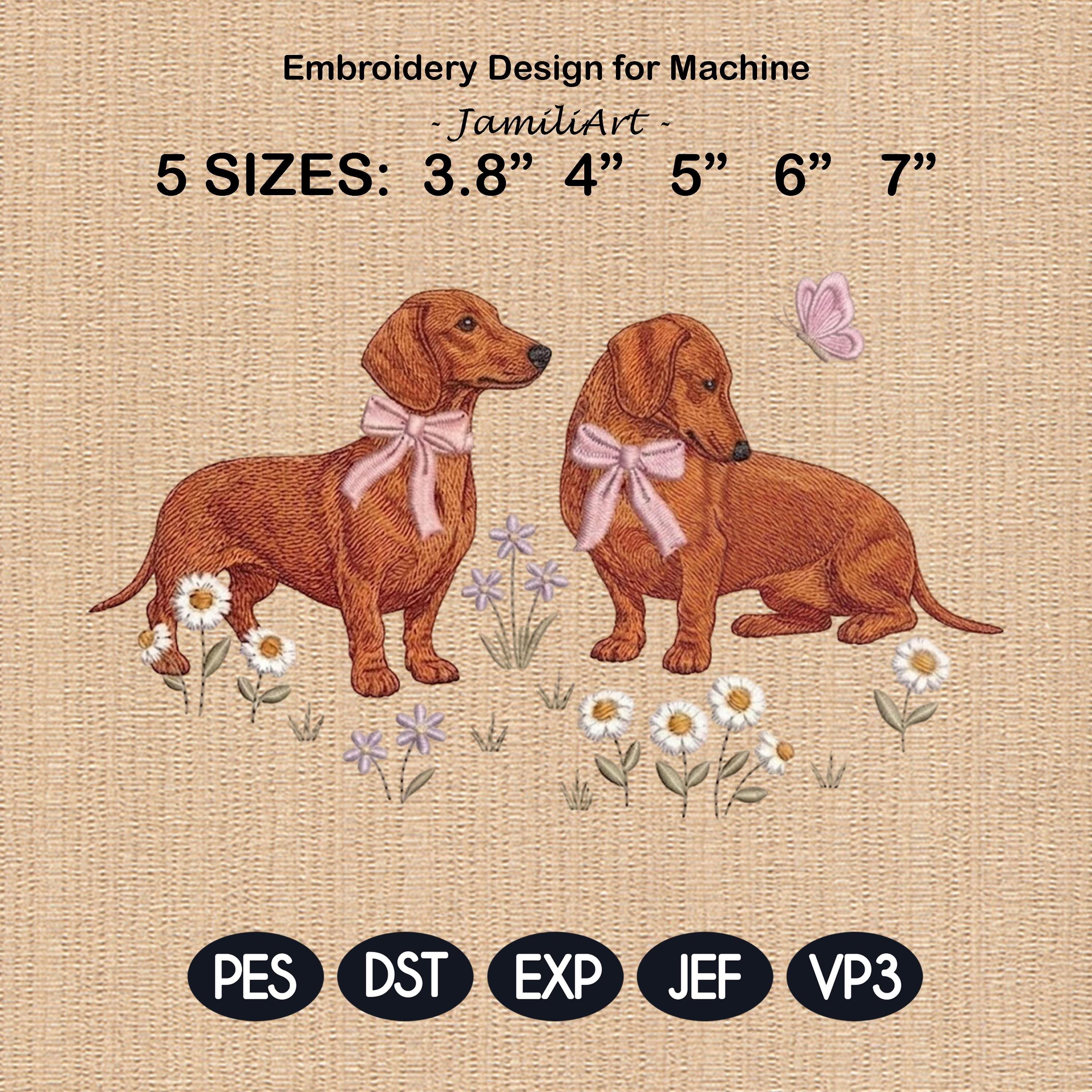 Dachshund Embroidery Design, Pair of Dachshunds with Bows and Daisies, Cute Puppy Embroidery File, Floral Dog Design, Pet Lover Gift