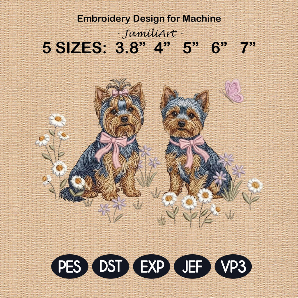 Yorkie Embroidery Design, Pair of Yorkshire Terrier with Bows and Daisies, Cute Puppy Embroidery File, Floral Dog Design, Pet Lover Gift