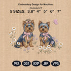 Yorkie Embroidery Design, Pair of Yorkshire Terrier with Bows and Daisies, Cute Puppy Embroidery File, Floral Dog Design, Pet Lover Gift