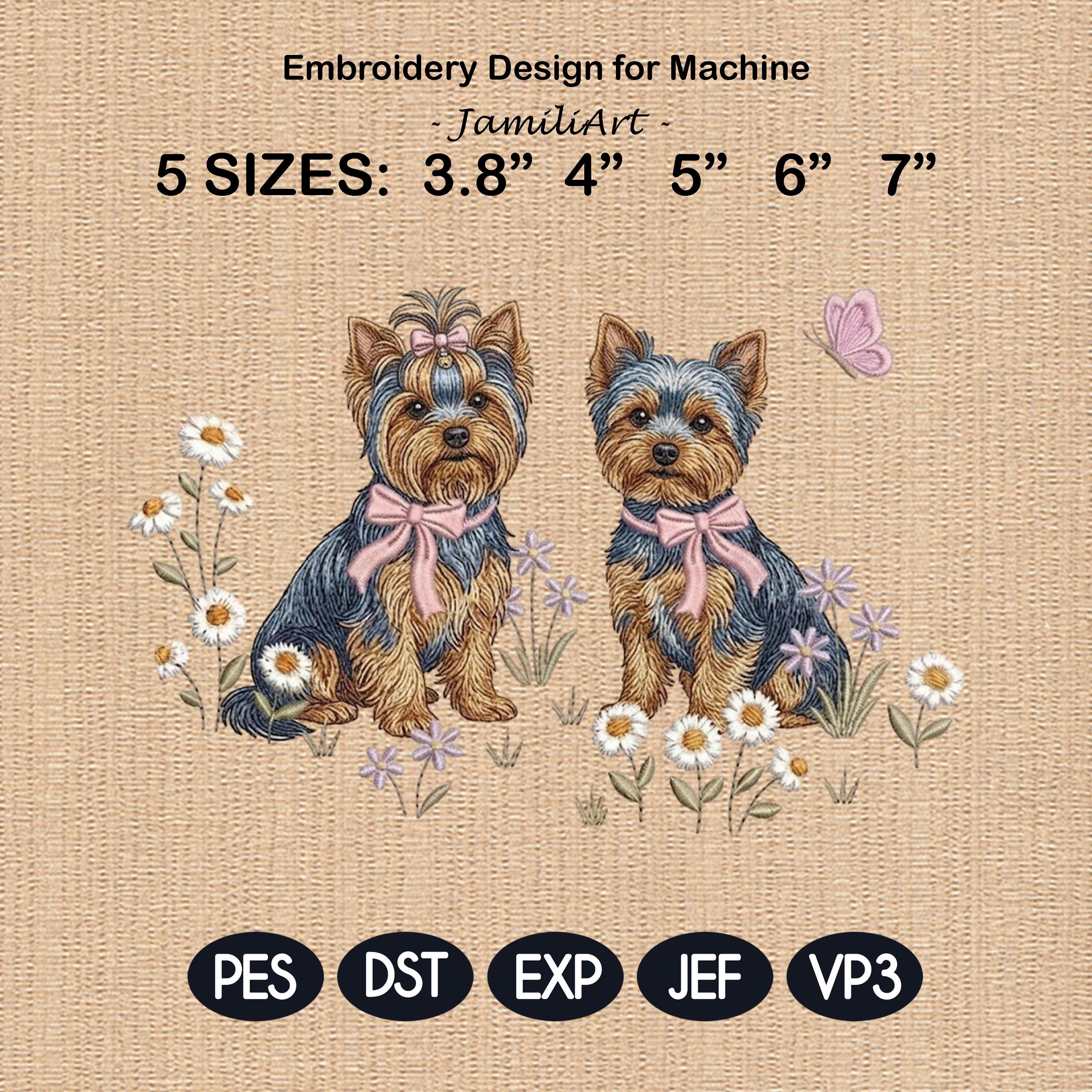 Yorkie Embroidery Design, Pair of Yorkshire Terrier with Bows and Daisies, Cute Puppy Embroidery File, Floral Dog Design, Pet Lover Gift