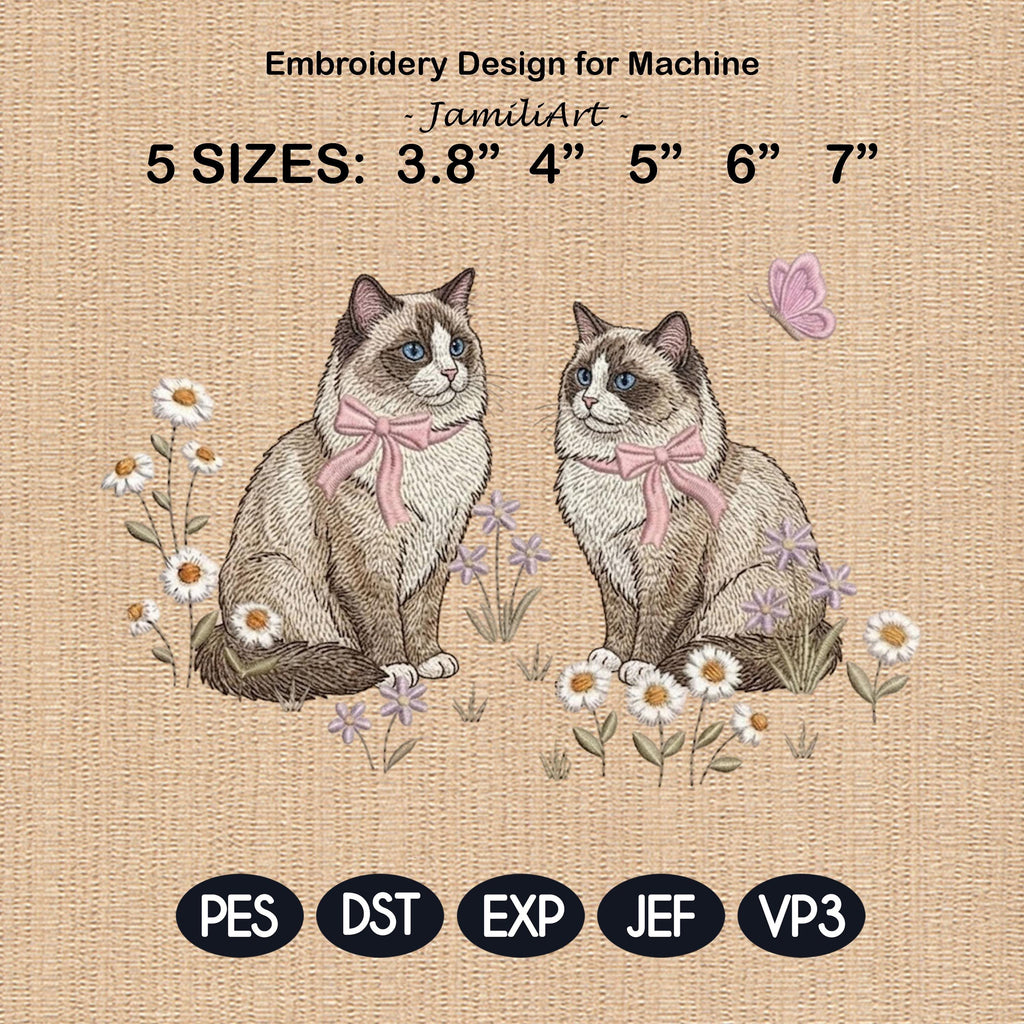 Ragdoll Cat Embroidery Design, Pair of Ragdoll Kittens with Bows and Daisies, Cute Kitten Embroidery File, Floral Cat Design, Pet Lover Gift