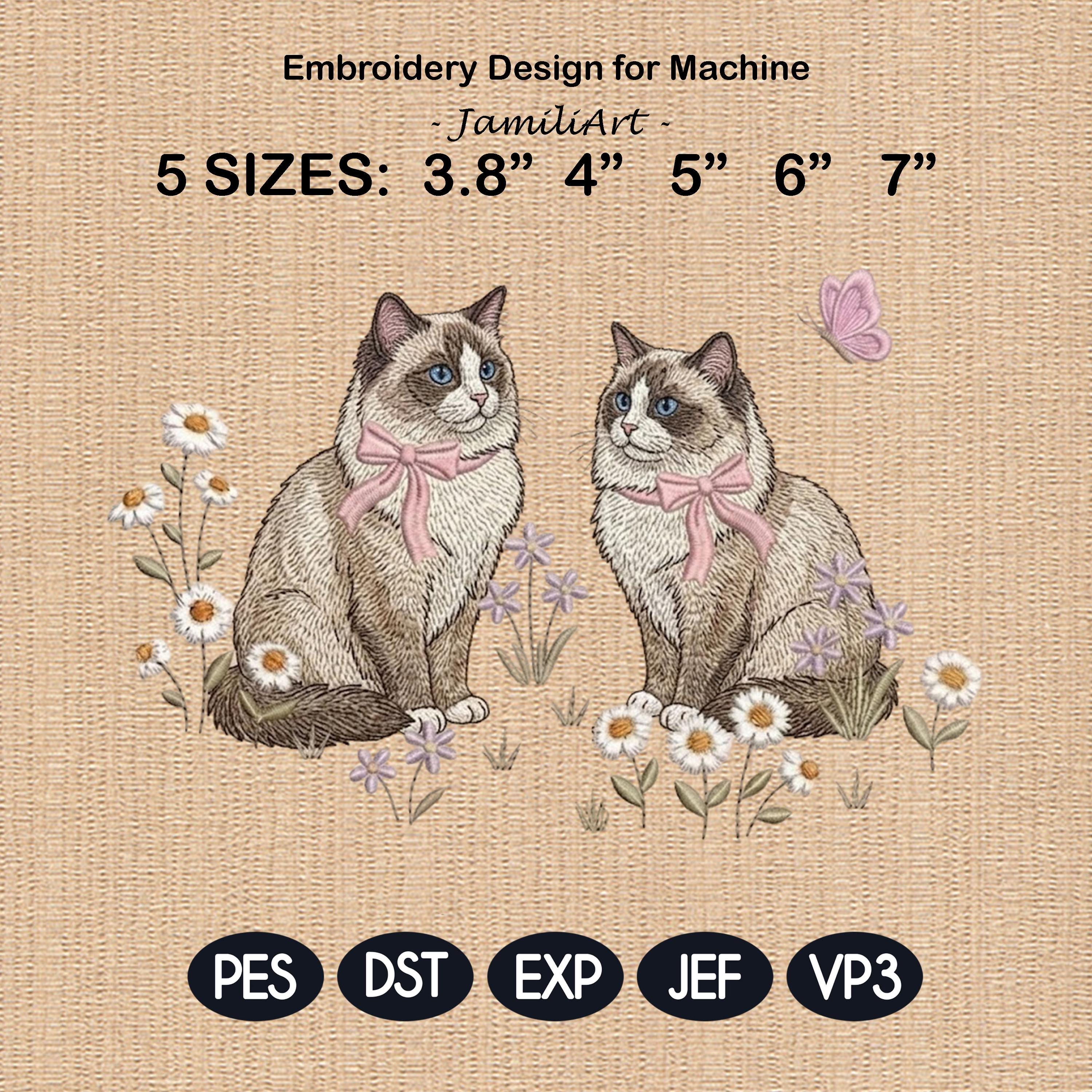 Ragdoll Cat Embroidery Design, Pair of Ragdoll Kittens with Bows and Daisies, Cute Kitten Embroidery File, Floral Cat Design, Pet Lover Gift