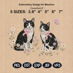 Tuxedo Cat Embroidery Design, Pair of Tuxedo Kittens with Bows and Daisies, Cute Kitten Embroidery File, Floral Cat Design, Pet Lover Gift