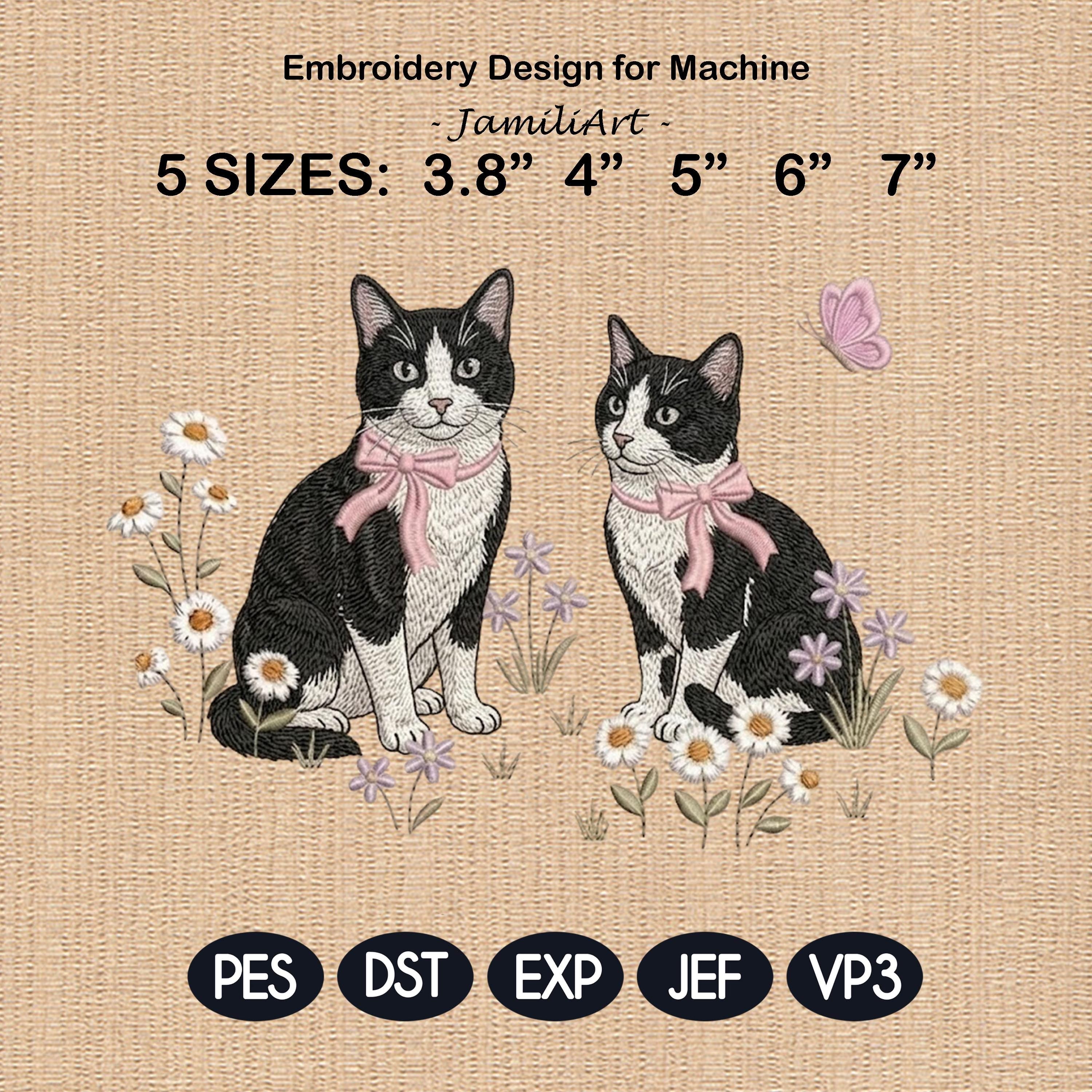Tuxedo Cat Embroidery Design, Pair of Tuxedo Kittens with Bows and Daisies, Cute Kitten Embroidery File, Floral Cat Design, Pet Lover Gift