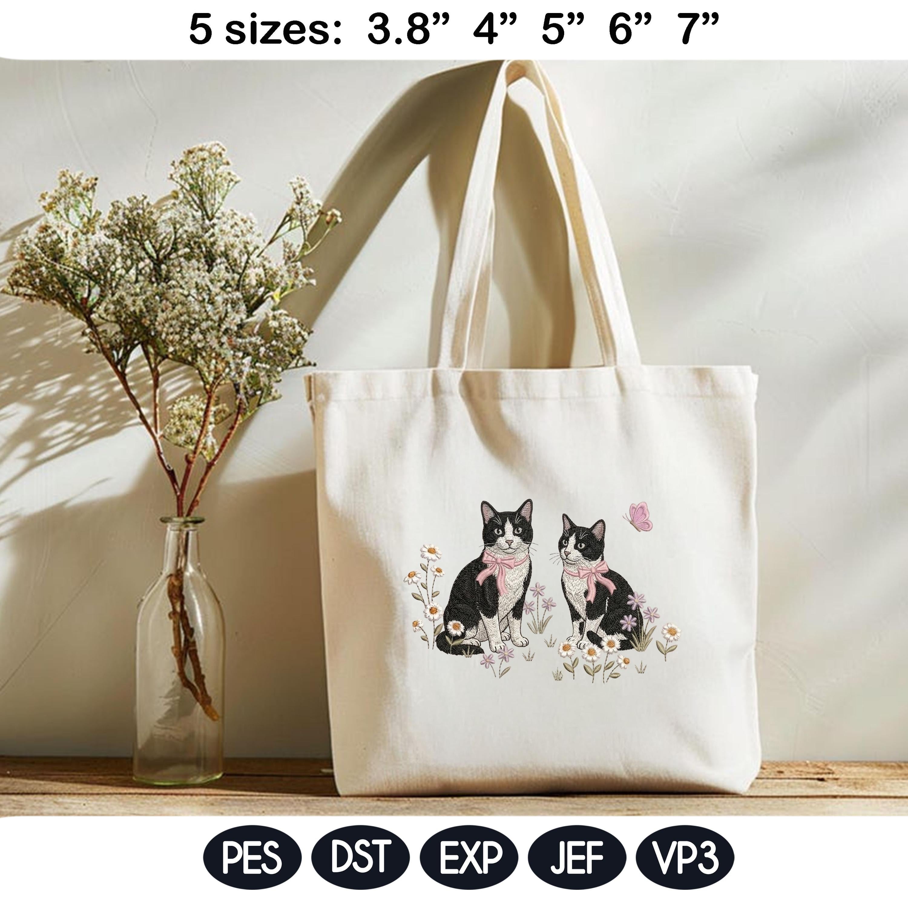 Tuxedo Cat Embroidery Design, Pair of Tuxedo Kittens with Bows and Daisies, Cute Kitten Embroidery File, Floral Cat Design, Pet Lover Gift - image 5