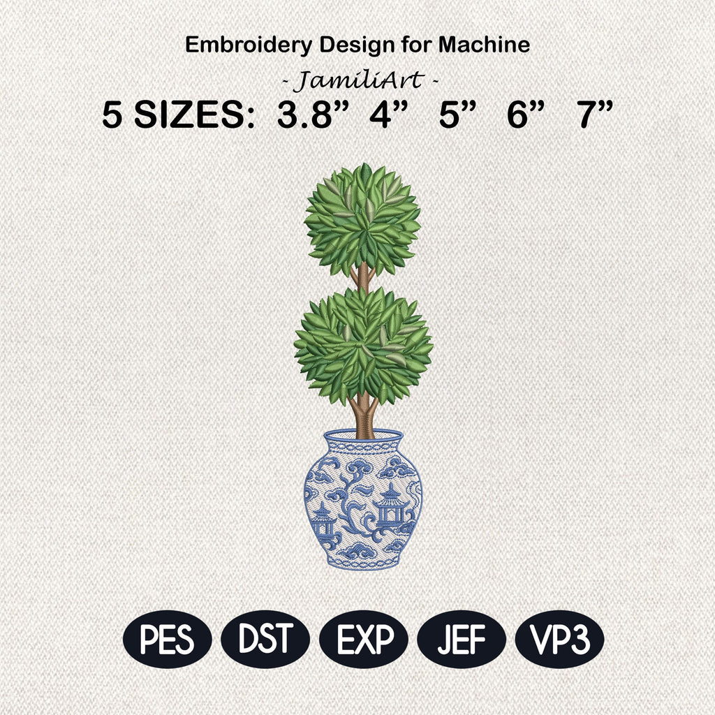 Chinoiserie Topiary Embroidery Design, Blue White Vase Plant, Classic Garden Decor Machine Embroidery, Grandmillennial Style
