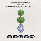 Chinoiserie Topiary Embroidery Design, Blue White Vase Plant, Classic Garden Decor Machine Embroidery, Grandmillennial Style