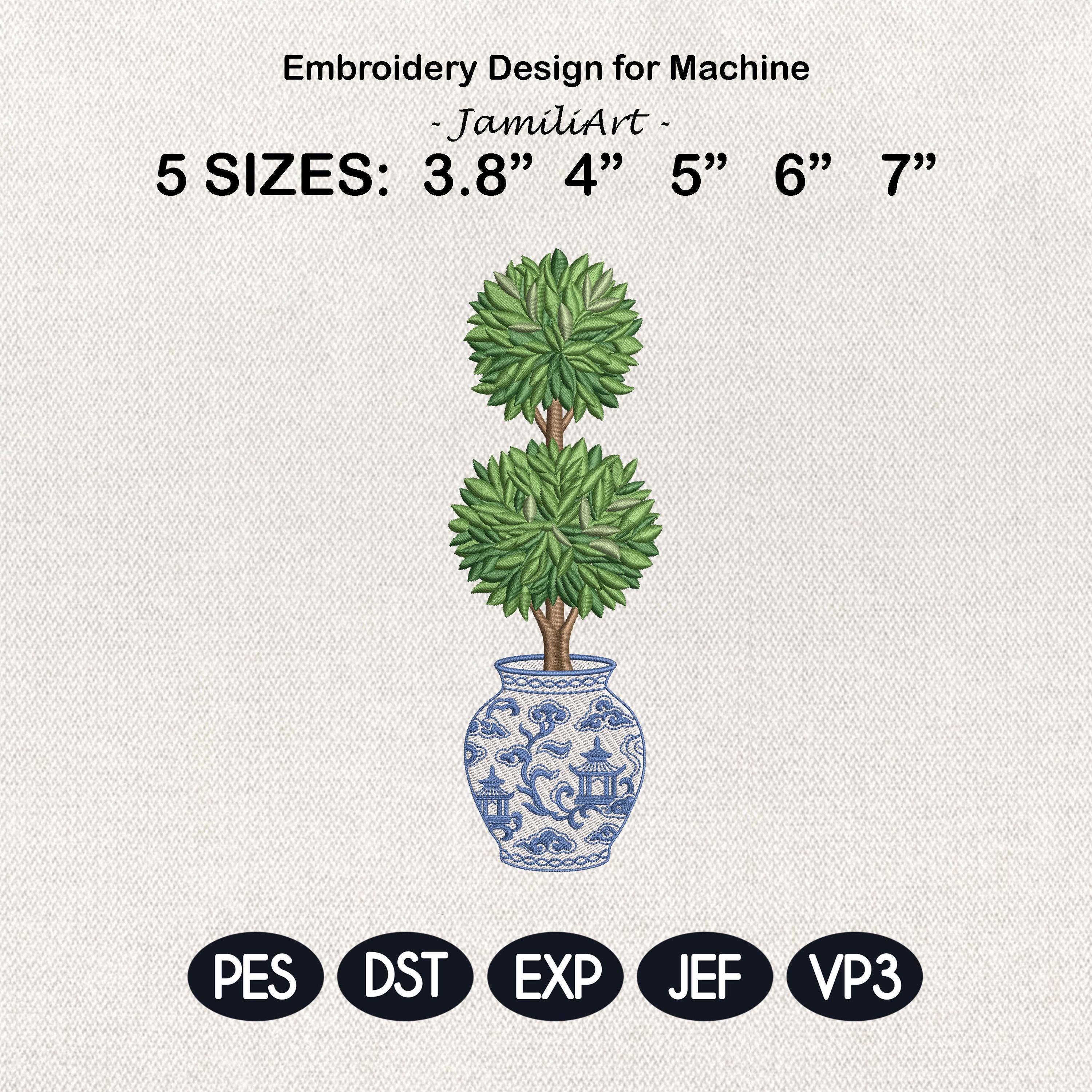 Chinoiserie Topiary Embroidery Design, Blue White Vase Plant, Classic Garden Decor Machine Embroidery, Grandmillennial Style