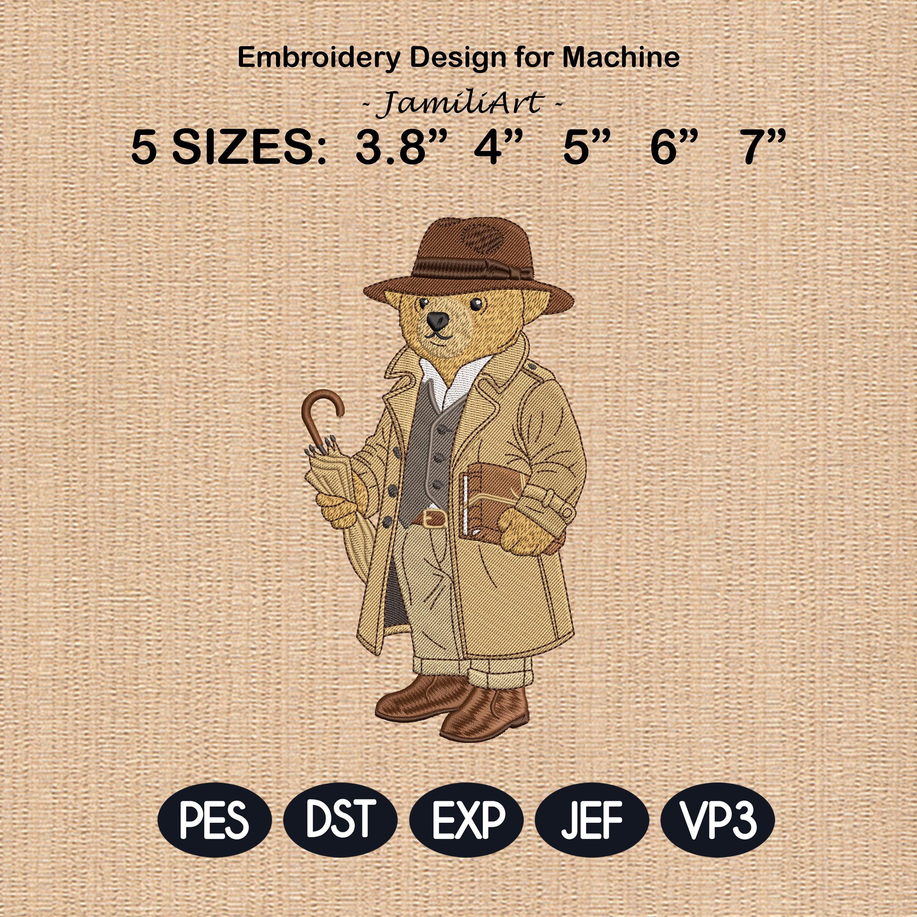 Vintage Teddy Bear Embroidery Design, Gentleman Bear, Cute Bear with Hat and Coat, Storybook Animal Embroidery, 4 sizes, Digital Download