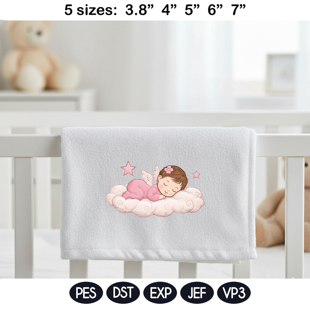 Sleeping Baby Angel Embroidery Design, Cute Newborn Girl on Cloud File, Nursery Decor Machine Embroidery, 5 Sizes, Digital Download - image 4