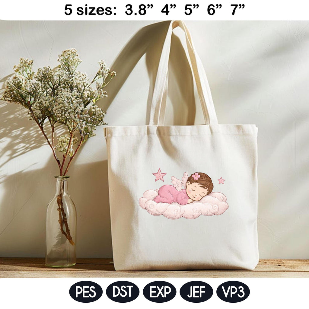 Sleeping Baby Angel Embroidery Design, Cute Newborn Girl on Cloud File, Nursery Decor Machine Embroidery, 5 Sizes, Digital Download - image 5