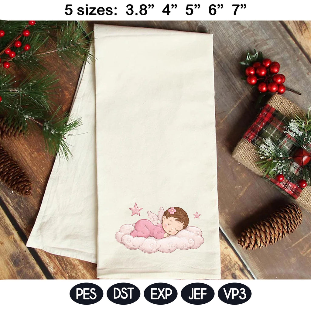 Sleeping Baby Angel Embroidery Design, Cute Newborn Girl on Cloud File, Nursery Decor Machine Embroidery, 5 Sizes, Digital Download - image 6
