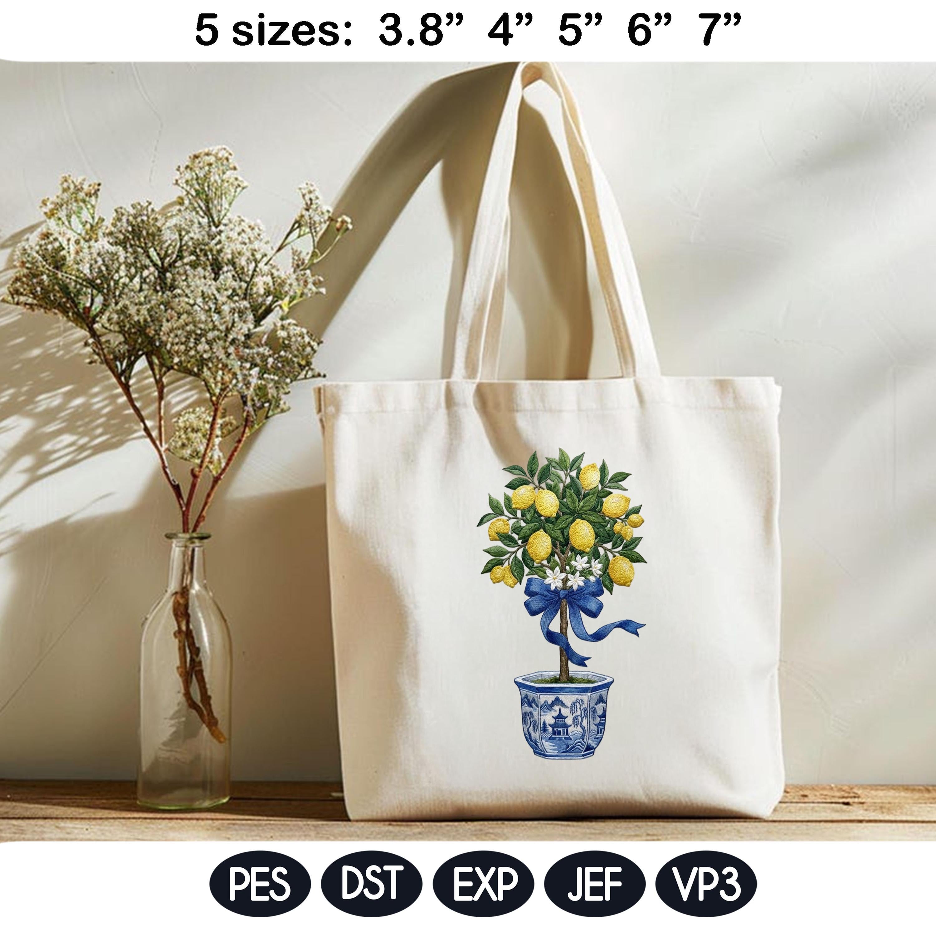 Chinoiserie Lemon Tree Embroidery Design Bundle, Blue White Vase Citrus Plant Machine Embroidery File, Chinoiserie Style, Instant Download - image 4