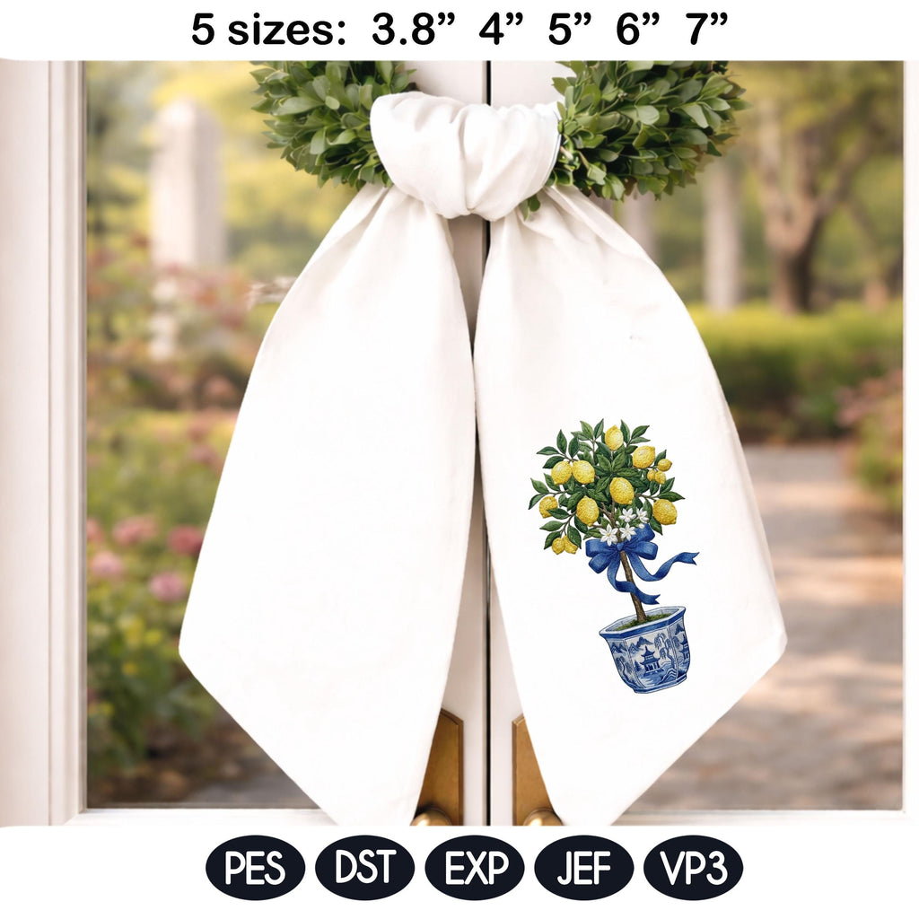 Chinoiserie Lemon Tree Embroidery Design Bundle, Blue White Vase Citrus Plant Machine Embroidery File, Chinoiserie Style, Instant Download - image 3