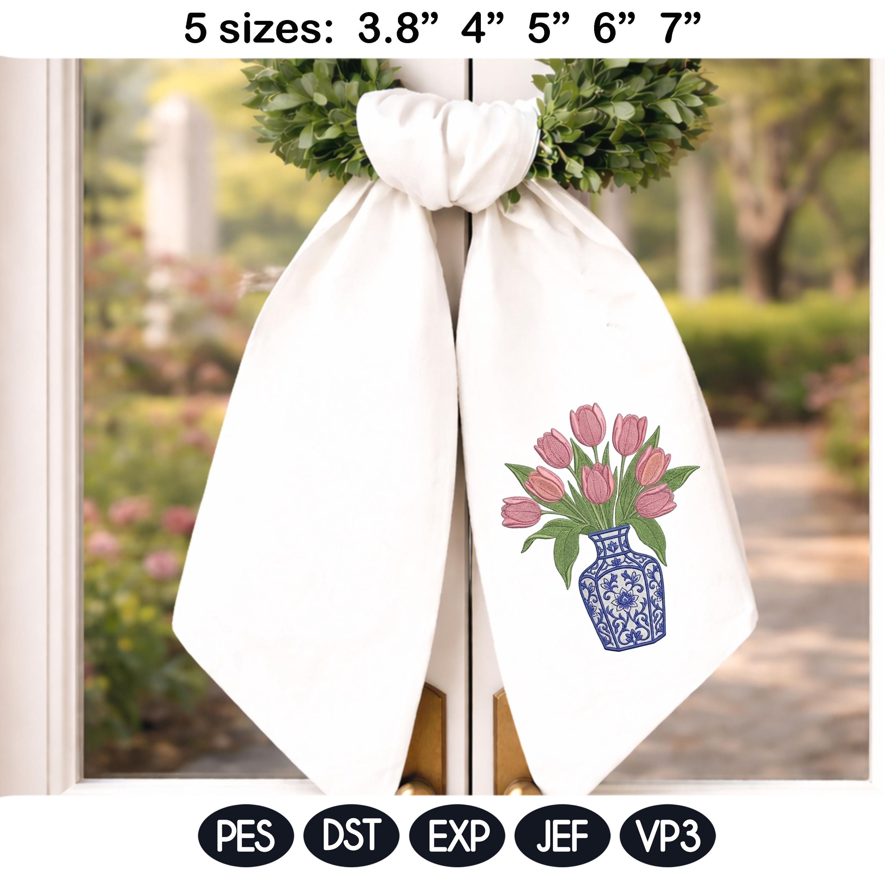 Chinoiserie Tulip Vase Embroidery Design, Pink Tulip Bouquet Blue White Porcelain, Floral Machine Embroidery File PES DST - image 5