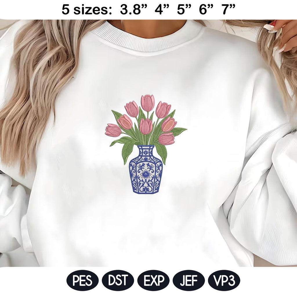Chinoiserie Tulip Vase Embroidery Design, Pink Tulip Bouquet Blue White Porcelain, Floral Machine Embroidery File PES DST - image 4