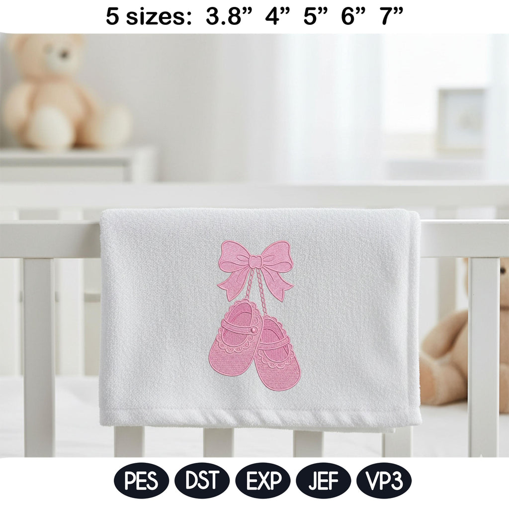 Baby Girl Shoes Bow Embroidery Design, Cute Ballet Slippers Machine Embroidery File, Coquette Nursery Decor, 5 Sizes, Digital Download - image 4