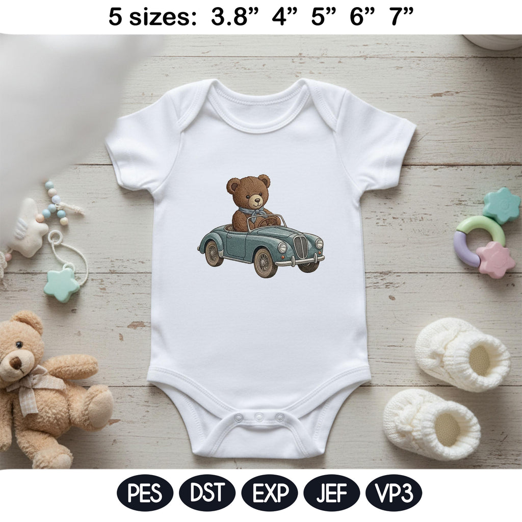 Teddy Bear Car Embroidery Design, Vintage Convertible Bear, Cute Animal Driving Car, Baby Nursery Embroidery File, 5 sizes, Digital Download - image 3