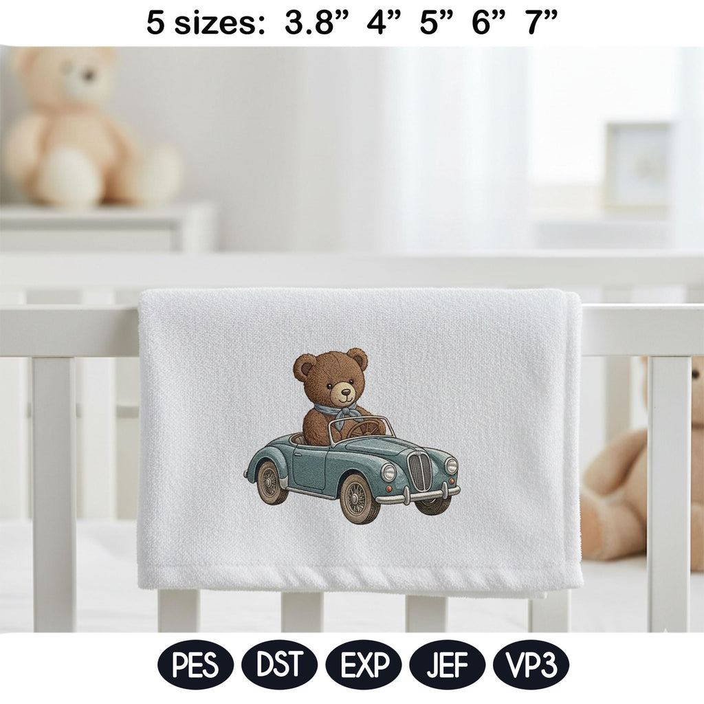 Teddy Bear Car Embroidery Design, Vintage Convertible Bear, Cute Animal Driving Car, Baby Nursery Embroidery File, 5 sizes, Digital Download - image 4